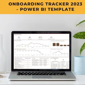 Op de afbeelding: Een laptopcomputer die een Power BI-dashboard weergeeft met de titel "Onboarding Tracker 2023". Het dashboard toont verschillende grafieken en diagrammen met betrekking tot onboarding-activiteiten, waaronder nieuwe aanwervingen per maand, de onboarding-voltooiingsgraad en de gemiddelde onboarding-tijd. Het dashboard bevat ook een tabel met een lijst van onboarding-activiteiten en hun bijbehorende startdatums.