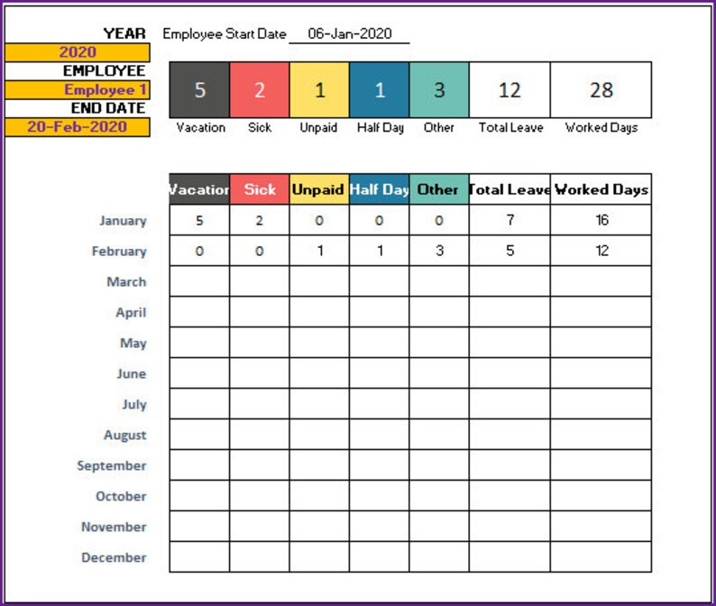 Leave vacation tracker excel template etsy