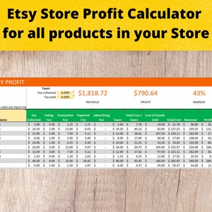 Puede incluir: Una hoja de c&aacute;lculo verde y blanca con el t&iacute;tulo "Etsy Store Profit Calculator for all products in your store." La hoja de c&aacute;lculo muestra un c&aacute;lculo de la ganancia mensual para 10 productos diferentes. La hoja de c&aacute;lculo incluye columnas para SKU, nombre del producto, impuesto recaudado, tarifa de listado, tarifa de transacci&oacute;n, tarifa de pago, tarifa de publicidad, tarifas totales, impuestos, costo de los productos vendidos, costo total, ingresos, ganancias y margen.