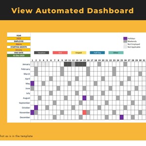Pu&ograve; includere: Una vista del calendario che mostra un anno di giorni, con colori diversi che rappresentano festivit&agrave;, fine settimana, non impiegato e non applicabile. Il calendario &egrave; per l'anno 2025, per il dipendente Adams, a partire da gennaio e terminando il 31 dicembre.