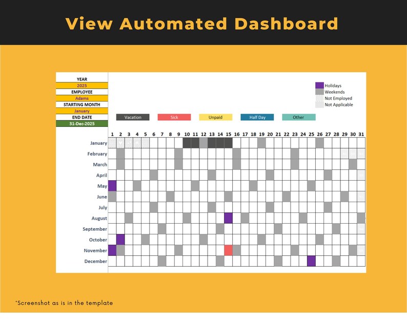 Pu&ograve; includere: Una vista del calendario che mostra un anno di giorni, con colori diversi che rappresentano festivit&agrave;, fine settimana, non impiegato e non applicabile. Il calendario &egrave; per l'anno 2025, per il dipendente Adams, a partire da gennaio e terminando il 31 dicembre.