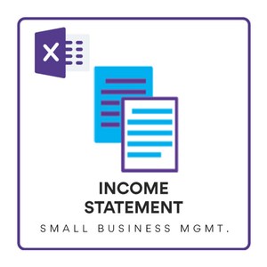 May include: A purple Excel icon with a spreadsheet icon next to it. Two blue documents with lines on them are stacked on top of each other. The text "INCOME STATEMENT" is below the documents. The text "SMALL BUSINESS MGMT." is below the statement.