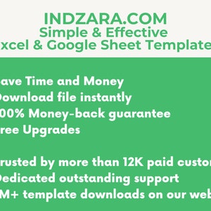 Puede incluir: Fondo verde con texto blanco que dice "INDZARA.COM Simple & Effective Excel & Google Sheet Templates".  Debajo del texto hay vi&ntilde;etas que enumeran los beneficios de usar el sitio web, que incluyen ahorrar tiempo y dinero, descargas instant&aacute;neas, una garant&iacute;a de devoluci&oacute;n de dinero, actualizaciones gratuitas, la confianza de m&aacute;s de 12.000 clientes de pago, soporte dedicado y m&aacute;s de 1 mill&oacute;n de descargas de plantillas.