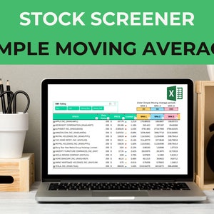 May include: A laptop computer screen displaying a spreadsheet with stock data and a simple moving average formula. The spreadsheet is titled "Stock Screener Simple Moving Average". The laptop is on a desk with a wooden box, pencils, and an alarm clock.