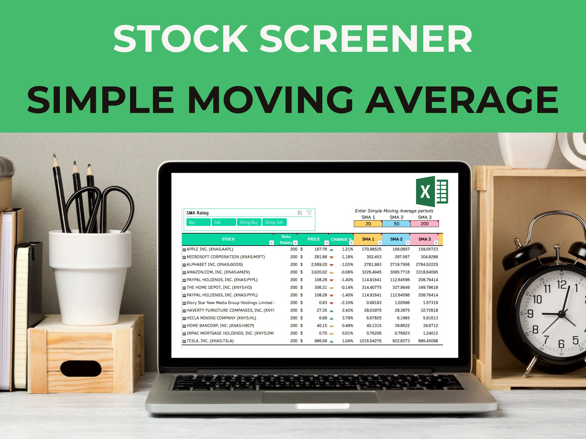 LIVE Simple Moving Average Stock Screener Spreadsheet
