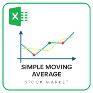 May include: A green Excel icon with a line graph showing a blue line, a yellow line, and a green dot. The graph is labeled "Simple Moving Average" and "Stock Market".