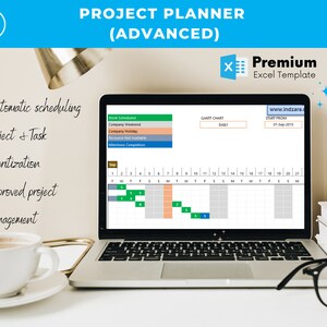 May include: A laptop computer displaying a project planner spreadsheet with a Gantt chart. The spreadsheet includes features like automatic scheduling, project and task prioritization, and improved project management. The spreadsheet is titled "Project Planner (Advanced)" and is labeled as a "Premium Excel Template".