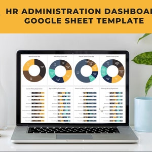May include: A laptop computer displaying a Google Sheet template for an HR administration dashboard. The dashboard includes charts and graphs showing data about employee tenure, age, and department. The charts are colour-coded in shades of blue, green, and yellow.