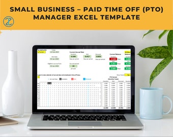 Puede incluir: Un ordenador portátil que muestra una hoja de cálculo con el título "Small Business - Paid Time Off (PTO) Manager Excel Template". La hoja de cálculo muestra una vista de calendario de los días acumulados y el tiempo libre de vacaciones para un empleado llamado J. Turner.