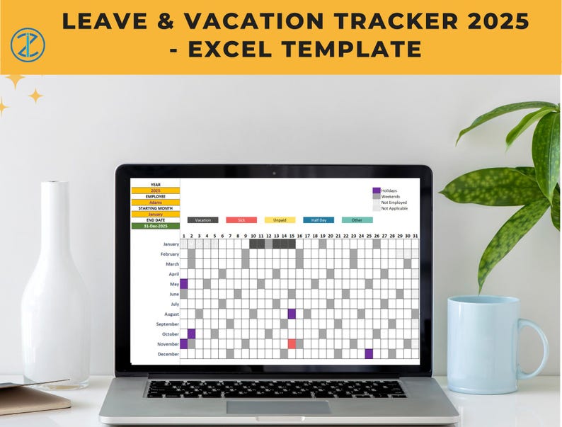 Pu&ograve; includere: Un computer portatile che mostra un foglio di calcolo con un calendario per tenere traccia dei congedi e delle ferie nel 2025. Il foglio di calcolo include colonne per il nome del dipendente, il mese di inizio, la data di fine e i congedi per ferie, malattia e congedi non retribuiti. Il calendario &egrave; codificato a colori per indicare i diversi tipi di congedi.