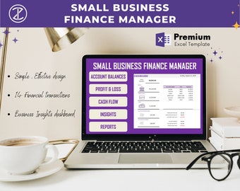 Op de afbeelding: Een laptopcomputer die een spreadsheet toont met de titel "Small Business Finance Manager". De spreadsheet heeft tabbladen voor "Saldo's", "Winst en verlies", "Kasstroom", "Inzichten" en "Rapporten". De spreadsheet is een premium Excel-sjabloon.