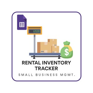 May include: Illustration of a rental inventory tracker for small businesses. A purple document icon with a spreadsheet, a yellow scale with a digital display reading "120.00", three brown boxes on the scale, and a green money bag with a dollar sign.