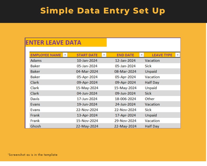 Leave & Vacation Tracker 2024 Excel Template Etsy