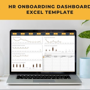 May include: A laptop computer displaying an HR onboarding dashboard Excel template. The dashboard includes charts and graphs showing new hires by month, onboarding completion rate, average onboarding days, and onboarding days by department. The dashboard also includes a table for tracking new onboarding.