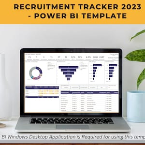 Pode incluir: Um ecrã de computador portátil que mostra um modelo de seguimento de recrutamento do Power BI. O modelo inclui gráficos, tabelas e tabelas com dados relacionados com as etapas de recrutamento, o número de candidaturas e outras métricas. O título do modelo é "Recruitment Tracker 2023 - Power BI Template".