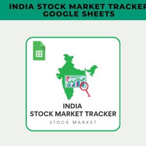 Puede incluir: Un mapa verde de la India con una lupa sobre un gráfico que muestra un mercado de valores en alza. El texto "INDIA STOCK MARKET TRACKER" se muestra encima del mapa. El texto "STOCK MARKET" se muestra debajo del mapa.