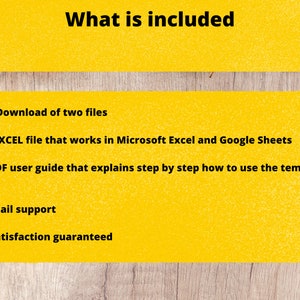 Puede incluir: Un fondo amarillo con el texto "What is included" en negro. Debajo del texto, una lista de elementos incluidos en una descarga digital: un archivo de Excel que funciona en Microsoft Excel y Google Sheets, una gu&iacute;a de usuario PDF, soporte de correo electr&oacute;nico gratuito y una garant&iacute;a de satisfacci&oacute;n del 100%.