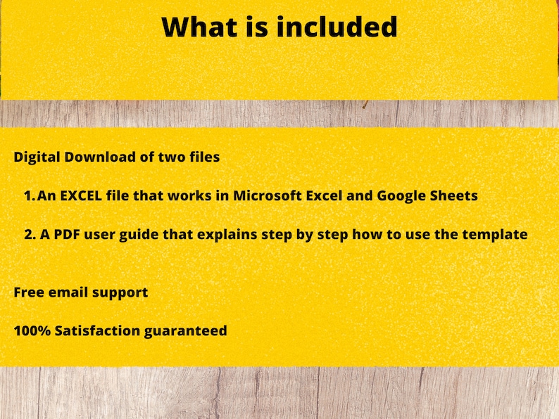 Puede incluir: Un fondo amarillo con el texto "What is included" en negro. Debajo del texto, una lista de elementos incluidos en una descarga digital: un archivo de Excel que funciona en Microsoft Excel y Google Sheets, una gu&iacute;a de usuario PDF, soporte de correo electr&oacute;nico gratuito y una garant&iacute;a de satisfacci&oacute;n del 100%.