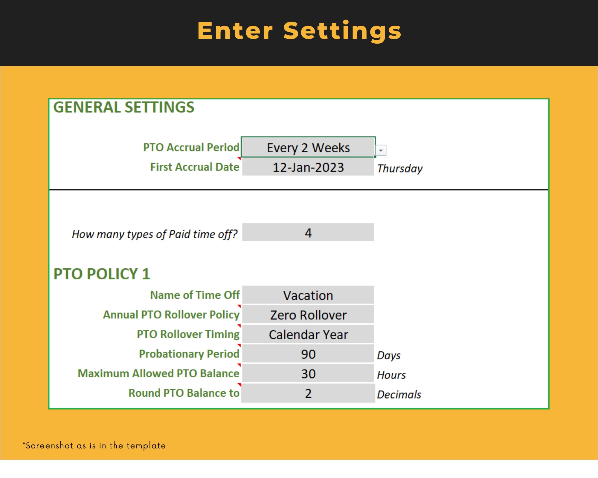 Small Business Paid Time off Manager (hourly) Excel Template