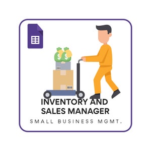 Può includere: Un'illustrazione di un cartone animato di una persona che spinge un carrello a mano con scatole e sacchi di denaro sopra. Il testo "INVENTORY AND SALES MANAGER" è sotto l'immagine. Il testo "SMALL BUSINESS MGMT." è sotto il testo "INVENTORY AND SALES MANAGER".
