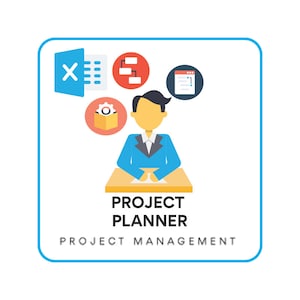 May include: Illustration of a project planner with a blue suit, sitting at a desk with a spreadsheet, flowchart, and calendar icons. The text reads "Project Planner" and "Project Management".