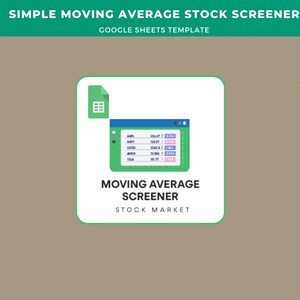 May include: A green and white illustration of a computer screen showing a spreadsheet with stock data. The text "MOVING AVERAGE SCREENER" is below the screen. The text "STOCK MARKET" is below the text "MOVING AVERAGE SCREENER".