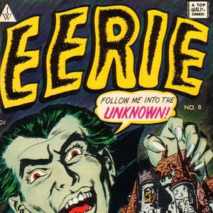 Puede incluir: Una portada de cómic vintage con un monstruo de piel verde con dientes y garras afiladas, una casa encantada y el texto "Eerie, Follow Me Into The Unknown!"  No. 8.