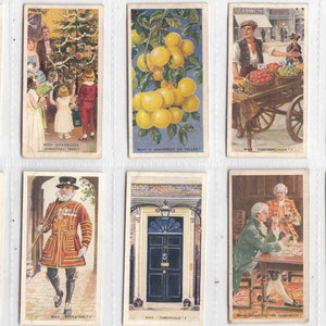 May include: A set of ten vintage trading cards featuring various images, including a woman in a swimsuit, a Christmas tree, a fruit tree, a street vendor, a man in a striped suit, two men in robes, a man in a red coat, a door, two men sitting at a table, and a boat.