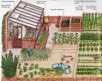 May include: A hand-drawn illustration of a small greenhouse attached to a brick wall. The greenhouse has a glass roof and a wooden door. The illustration shows a variety of plants growing in the garden, including globe artichokes, beans, peas, and turnips. The text in the image reads: "Ventilate greenhouse", "Water and feed fruiting crops", "Keep lid of cold frame raised", "Use globe artichokes", "Use all beans, peas, and turnips", "Set bean flowers by spraying with water", "always bears the winter in mind; i is easy enough to get plenty to eat in July."