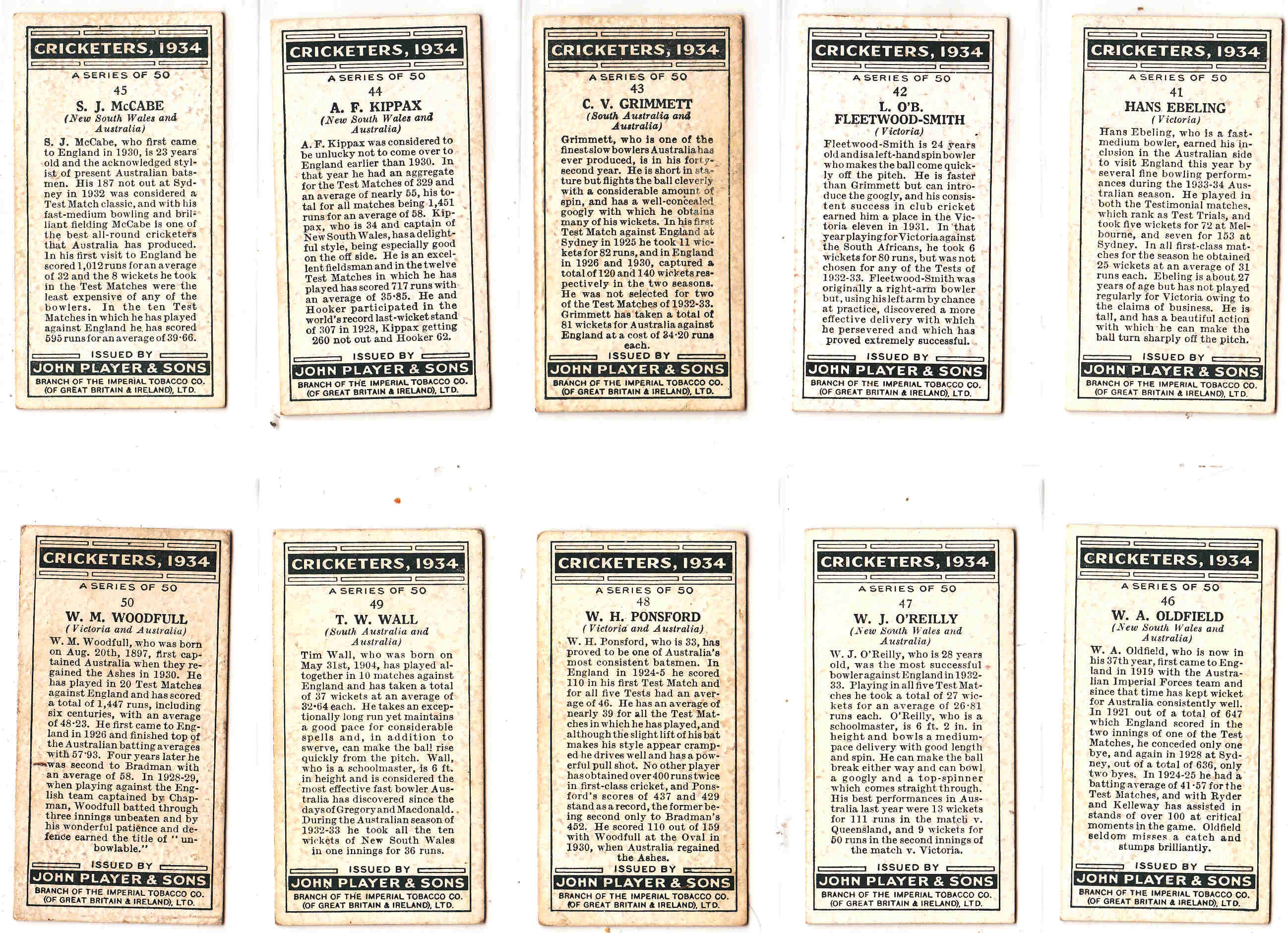 C1934 - CRICKETERS 1934 Complete Set of 50x ORIGINAL Cigarette / Tobacco  Cards - by John Player