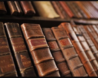 Peut inclure: Gros plan d'une étagère remplie de livres anciens reliés en cuir. Les livres sont disposés en rangées et sont de tailles et de couleurs différentes. Les livres ont des lettres dorées sur les dos et sont en excellent état.
