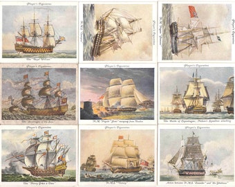 Puede incluir: Nueve tarjetas de comercio vintage con ilustraciones de barcos de vela históricos. Cada tarjeta tiene un logotipo de Player's Cigarettes y un pie de foto que describe el barco. Las tarjetas están en buen estado con algo de desgaste.