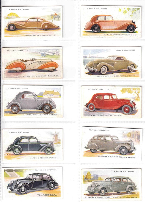 cigarette cars C1937 MOTOR CARS (2nd Series) Complete Set of 50x Original Cigarette / Tobacco  Cards - by John Player