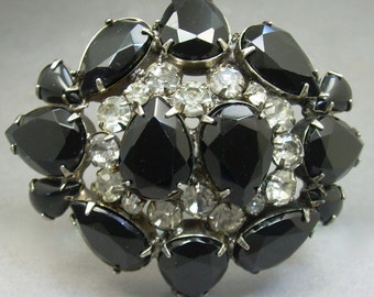 Large French Jet Brooch Vintage Black Glass Stone Clear Rhinestone Japanned Pin