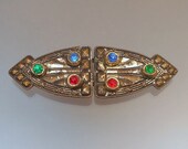 Vintage Art Deco Nouveau Era Sash Belt Buckle Red Blue Green Multi Color Rhinestones