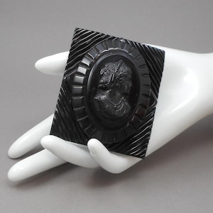 Huge Vintage 1930s / 1940s Carved Black Bakelite Cameo Brooch - Victorian Revival Mourning Jewelry