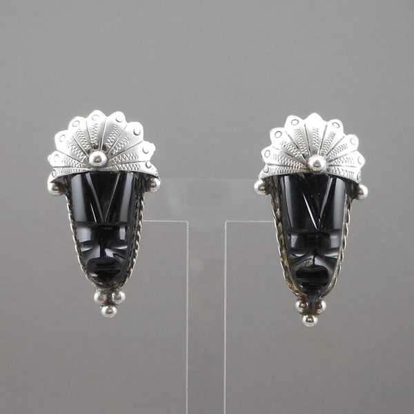 Vintage 1930s / 1940s Mexican Mask Earrings - Black Onyx and Sterling Silver - Screw Backs - Carved Stone Faces