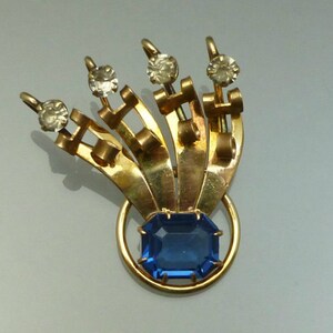 1950s Faux Sapphire Rhinestone Brooch / Pendant Vintage Pin Marked 1/20 12K Gold Filled Signed M & S