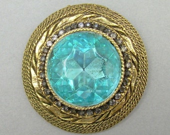 Vintage 1950s HAR Hargo Faux Aquamarine Brooch - Large Blue Green Rhinestone, Gold Tone Signed Designer Pin