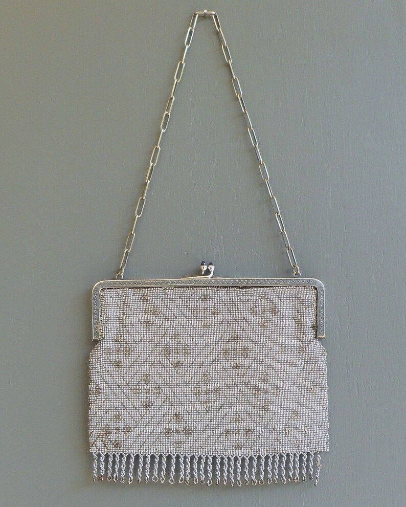 Antique French Art Deco or Edwardian Silver Steel Cut Micro Beads Purse Evening Bag Geometric Design with Fringe