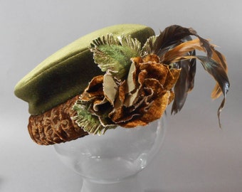 Vintage c. 1995 Cheri A. Ellis Duende Handmade Ladies Hat - Green and Brown Velvet Flowers, Leaves, Feathers - Made in USA, Seattle Artist