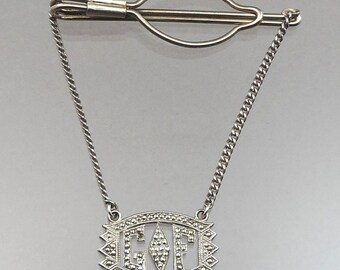 Broche de corbata con inicial de marcasita vintage GF y cadena en plata de ley estilo art déco