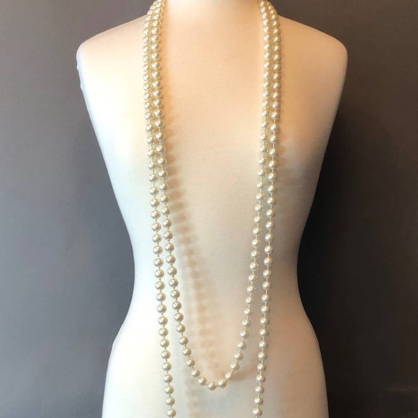 A Pair of Vintage Flapper Style Faux Pearl Strand Necklaces - 51" and a 65" Strings - 12mm Glass Beads - Gold Tone Clasps