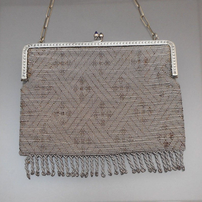 Antique French Art Deco or Edwardian Silver Steel Cut Micro Beads Purse Evening Bag Geometric Design with Fringe