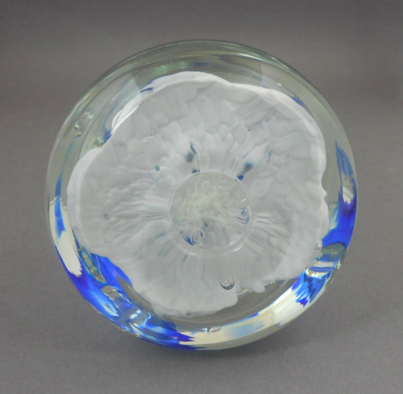Joe St. Clair Glass Bell Paperweight Blue Flowers Vintage Handblown