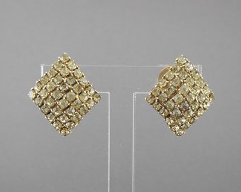 Vintage 1950s Rhinestone Clip On Earrings - Diamond Shape, Gold Tone Finish