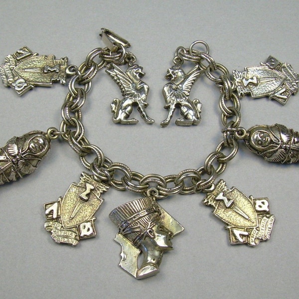 1950s HAR Bracelet - Silver Tone Chain Links, Egypt Sphinx Mummy Nefertiti Charms