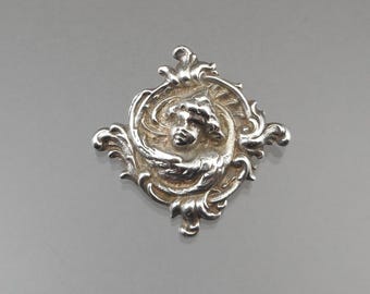 Pendentif tête de femme Art nouveau ancien ou vintage - Broche en argent sterling - Style Alphonse Mucha