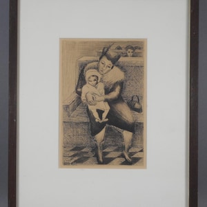 May include: A framed black and white print of a seated figure holding a child. The artwork features a seated figure wearing a hat and a fur collar, holding a child in a hooded outfit. The background includes a checkered floor and a bench.