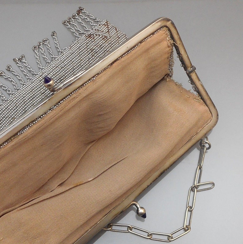 Antique French Art Deco or Edwardian Silver Steel Cut Micro Beads Purse Evening Bag Geometric Design with Fringe